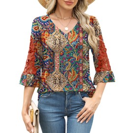 Rapbin Summer Shirts for Women 2025 Trendy 3/4 Sleeve Tunic Tops V-Neck Lace Ruffle Sleeve Cotton T-Shirts(Colorful Floral,XL)