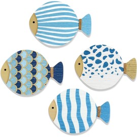 4 PCS Vintage Beach Wall Decor Wooden Fish Nautical Wall Art Coastal Wall Art Blue Fish Wall Sculpture Lake House Hanging Decor Ocean Room Decor for Bathroom Bedroom