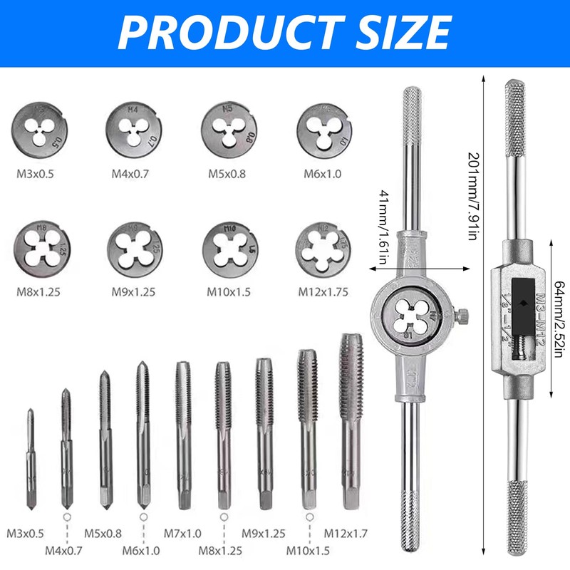 Tap and Tap Tool Set, Metric M3-M12, 20-Piece Fine Thread