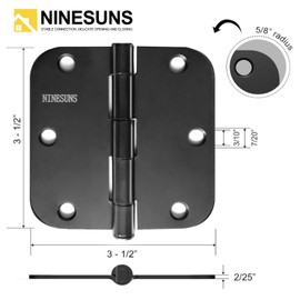 NINE SUNS 3 Pack Door Hinges 3 1/2 Inch - Matte Black Silent Hinges for Doors - 5/8" Radius Round Corners for All Interior Doors - Removable Pin Design for Easy Installation and Maintenance