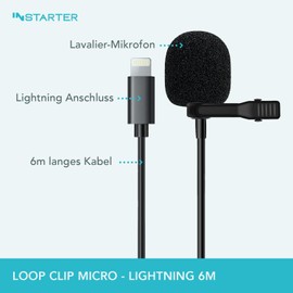 Instarter Lavalier Lapel Microphone (6 m Cable) with Wind Protection and Bag, Compatible with Apple Devices, 360 Degree Sound Recording, Clear Sound, with Metal Clamp for Mounting