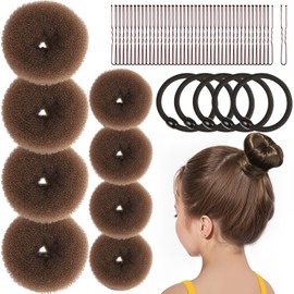 FANDAMEI Hair Bun Maker, 4PCS Donut Hair Bun Maker for Kids with 4PCS Extra Small Hair Buns Kit. Small Ballet Hair Bun Maker for Kids, Hair Bun Set with Elastic Hair Ties, Hair Pins.(Light Brown)