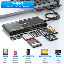7-in-1 USB3.0 Multi Card Reader 2FT, USB 3.0 Memory Card Reader for SD SDXC SDHC Micro SD CF XD MS MMC Camera Memory Card, Multi USB Card Reader/Writer(5Gbps) SD Card Reader for Windows,Mac OS,Linux