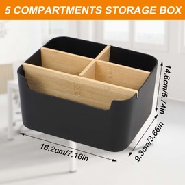 KNJOMZIE Bamboo Desk Organiser, 5 Compartments, Removable Office Organiser in Black, Pen Holder, Wooden Storage Box for Office, School, Cosmetics, Remote Control & Small Items