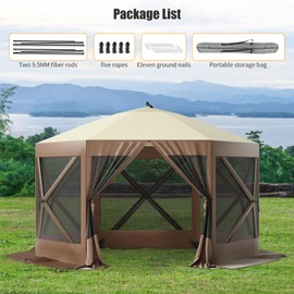 GarveeLife 12x12ft Pop-Up Gazebo Screen Tent,6-Sided Canopy Sun Shelter with Portable Carry Bag, Fiber Poles, Guy Rope, Ground Pegs, and 600D Oxford Cloth for Patio, Lawn, and Backyard(Brown + Beige)