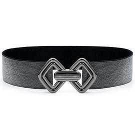 Glamorstar Wide Elastic Belts for Women Stretchy Skinny Waist Belt for Dresses Black Silver Band Black Buckle 95cm/37in