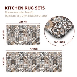 Tritard Boho Kitchen Mats for Floor 2 Pcs Brown Ceramic Kitchen Rugs Non-Skid Waterproof Anti Fatigue Mats for Kitchen Floor PVC Kitchen Floor Mat for Sink,Laundry,Office,17.3x28+17.3x47 Inch