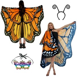 Butterfly Costume Women's Wings Butterfly Wings Adult Two-Tier Fancy Dress Costumes Women's Cape Fancy Dress Butterfly Costume Accessories Set of 3 Face Mask Sensor Butterfly Headband