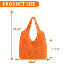 QTKJ Hand-woven Soft Large Straw Shoulder Bag Boho Straw Handle Tote Retro Summer Beach Bag Rattan Handbag (Orange)