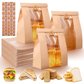 100 Pcs Paper Bread Bags for Homemade Bread, Kraft Sourdough Bread Bags with Window, Sourdough Storage Bread Bags for Bread Packaging includes 100 Pcs Cute Seal Stickers