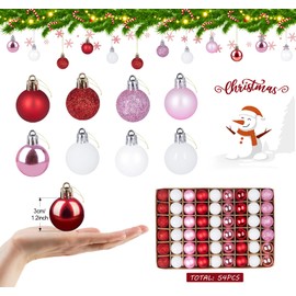 Christmas Baubles Set of 54, Christmas Tree Baubles 3 cm, Christmas Baubles Small Plastic, Shiny Matt Mini Christmas Tree Baubles, Shatterproof Small Baubles Christmas with Lanyard (Pink, White, Red)
