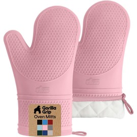 Gorilla Grip - Juego de guantes de cocina de silicona resistentes al calor, forro acolchado suave, extralargos, impermeables y flexibles para cocinar y hacer barbacoas, guantes de cocina, fáciles de limpiar, juego de 2, rosa