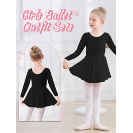 Kefiyis Ballet Leotard for Girls Long Sleeve Ballet Dress Cotton Dance Leotard with Skirt Ballerina Costume Outfit for 3-11 Years Black 130