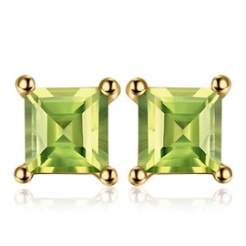 JewelryPalace Square 0.7ct Natural Peridot Stud Earrings for Women, Green Solitaire Natural Gemstone 925 Sterling Silver 14k Yellow Gold Plated Earrings for Women, Anniversary Earrings for Her