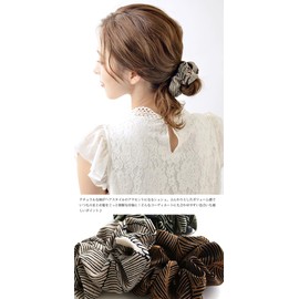VINGTAINE HS-127-BE Botanical Pattern Scrunchie, Simple, Casual, Daily Chiffon Hair Accessories