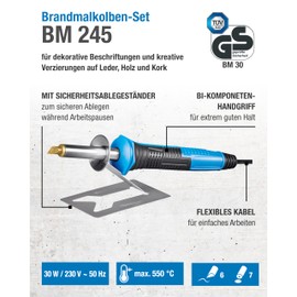 CFH BM 245 Pyrography Piston Set 15-Piece Set for Pyrography on Wood, Cork & Leather, 30 W / 230 V ~ 50 Hz, Working Temperature: 550 °C, TÜV SÜD GS Certified