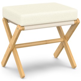 BAMBOOHOMIE Foldable Foot Stool Ottoman, Modern Foot Rest with Bamboo X Legs & Thick Foam Cushion, Folding Foot Stools Small Padded for Bedroom Living Room, Makeup Vanity Stool Chair (Natural - Beige)