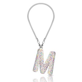 Initial Car Rear View Mirror Ornament Hanging Lucky Crystal Pendant Bling Car Accessories for Women Rhinestone Charm Auto Decoration (Rainbow M)