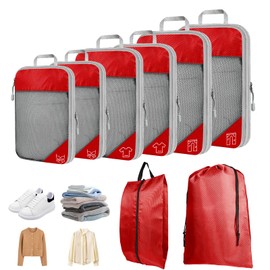 8 Set Compression Packing Cubes for Travel, Expandable Luggage Organizer with Shoe Bag & Laundry Bag - Lightweight Suitcase & Backpack Travel Essentials (Red)