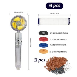Water-Saving Propeller Pressure Shower Head 360° Rotating Shower Head Hand Shower with 3 Pieces PP Cotton 3 Anti-Limestone Seals 1 Water-Saving 4-Colour Seal for Bathing and Spa Use (Yellow)