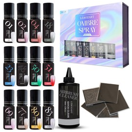 LÉBOZART Set mit 12 Farben UV Gel Nagellack semi-permanent für Airbrush – Nail Art – Airbrush Reiniger – Schablonen – hohe Pigmentierung – starke Haftung – natürlicher Effekt – leicht zu reinigen