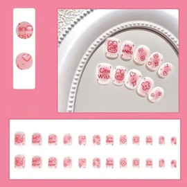 Ztcily 24Pcs Pink Short Square False Nails White for Kids, Press on Nails Kids with Glue for Children Girls, Stickers on Pattern Rabbit