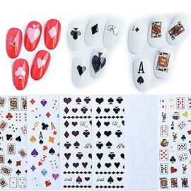 Poker Nail Art Stickers Decals 6 Sheets 3D Self-Adhesive Card Nail Supplies Fashion Playing Cards Design Nail Sticker Holographic Acrylic Nails Accessories DIY Design Decoration Manicure Tips