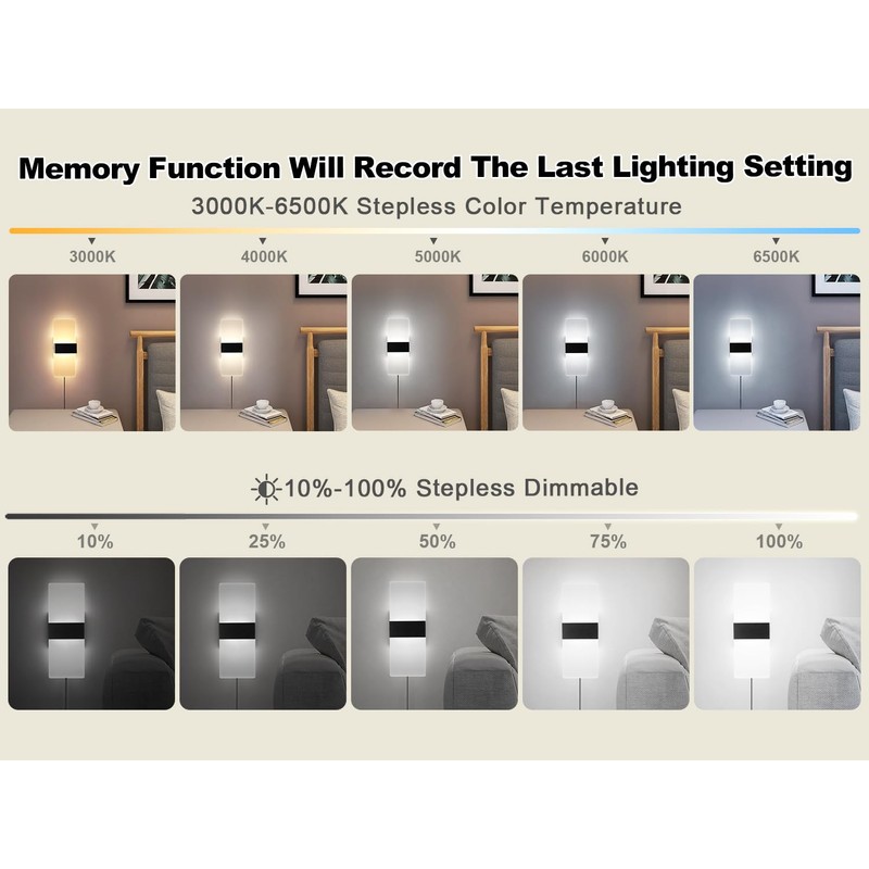 Plug in Wall Sconce with Remote Control, 3000K-6500K Stepless Color