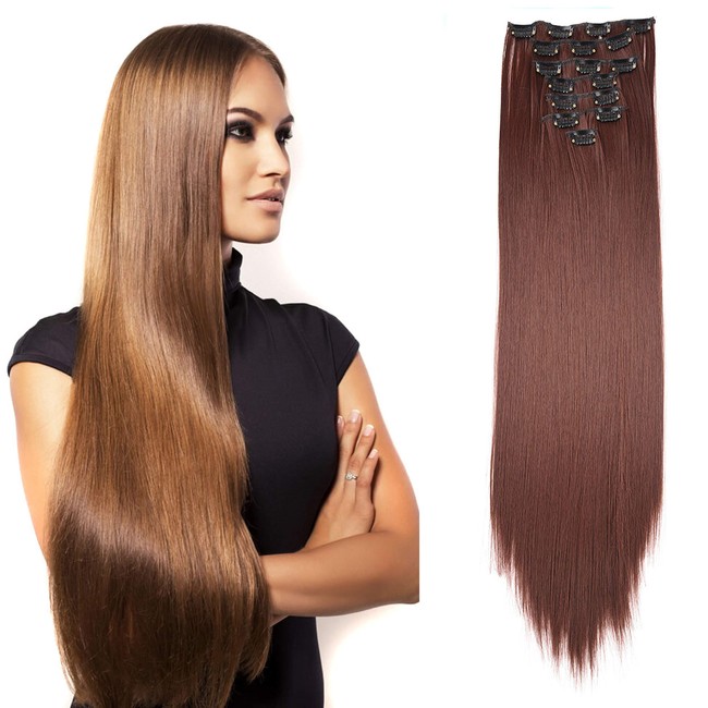 Thick Hair Extensions Clip In For Women 8 Pieces in 17 Clips, 32.5 Inch Full Head Long Straight Synthetic Hair Clip In Heat Resistance Hair Extensions Classic Hair Pieces DIY (Auburn)