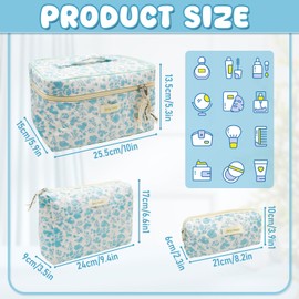3pcs Floral Makeup Bag, Large Travel Quilted Makeup Bag for Women Girls, Cotton Floral Toiletry Makeup Organizer (Blue Flower)