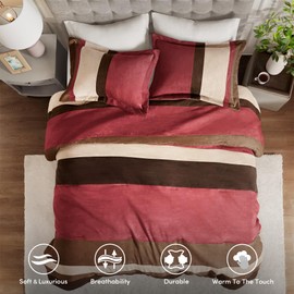 Comfort Spaces King Comforter Set, 3 Piece Luxe Microsuede, Pieced Design Color Block Stripes Bedding Comforter Sets, Winter Soft Brushed Microfiber Reverse, Matching Shams, King/Cal King, Red