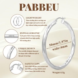 PABBEU Silver Hoop Earrings for Women Hypoallergenic 925 Sterling Silver Hoop Earring Lightweight Diamond-Cut Large Silver Hoops Earrings 30/50/70mm