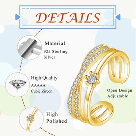 Zolkamery Silver Women's Rings, 925 Sterling Silver Three Layer Infinity Wrap Ring with White Cubic Zirconia, Adjustable Minimalist Finger Rings, Stackable Thumb Ring, Trendy Stacking Rings with Gift