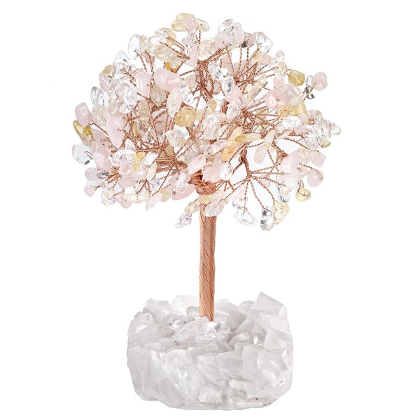 Nupuyai Citrine & Rose Quartz & Rock Crystal Money Tree with Rock Crystal Cluster Base, Lucky Fengshui Figure Spiritual Healing Stone Tree Ornament for Home Office Decor