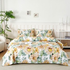 Microfibre Bed Linen for Queen Bed 180 cm, Bed Linen Set 4-Piece Prints and 2 Pillowcases 50 x 80 cm, Fitted Sheet 180 x 190/200 cm, Double Bed 240 x 250 cm, Floral Travel Orange