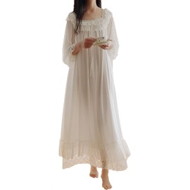 Airvid Women's Lace Vintage Victorian Nightgown Long Sleeve Sleepwear Nightdress (XL, White#3)