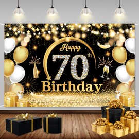 ZAHRVIA 70th Birthday Party Decorations, 70th Birthday Banner Black Gold, 70th Birthday Background Banner, Fabric Sign Poster Background for 70th Birthday Party Decoration Birthday Man Woman