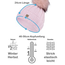 Faera Bobble Hat Women's Lined Winter Hat Knitted Hat Girls Fleece Lining Beanie 79, rose
