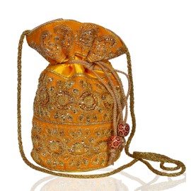 Purpledip Potli Bag (Clutch, Drawstring Purse) For Women With Intricate Gold Thread & Sequin Embroidery Work, Yellow Color (10534)