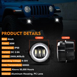 UTVJATV 4 Inch LED Fog Lights for 2018+ Wrangler JL JLU, Gladiator JT 60W High-Intensity Off-Road Round Led Chip Front Bumper Fog Lights, DOT Approved w/DRL and Amber Turn Signal