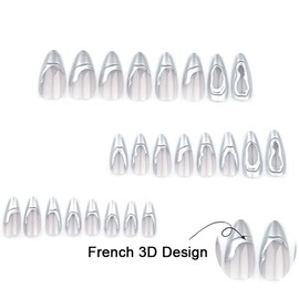 BAOYAALIN French Silver Press on Nails Medium Almond Shaped Fake Nails with 3D Silver Wave Design Full Cover Press ons Artificial Acrylic False Stick on Nail for Women Manicure 24Pcs