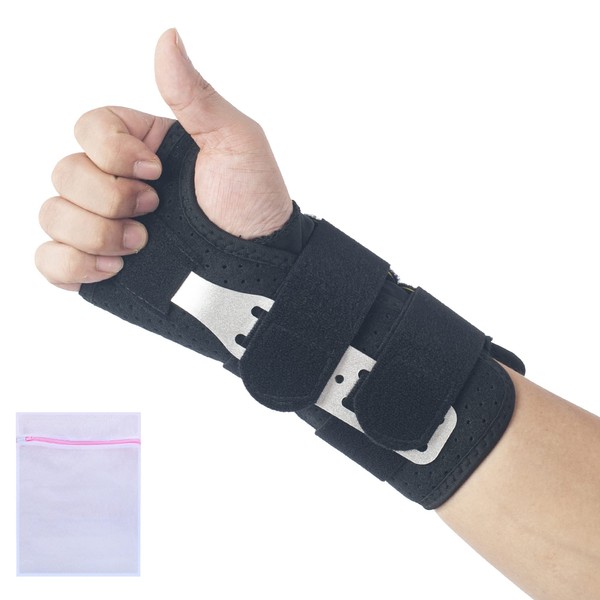 360 RELIEF Wrist Brace with 2 Metal Splint Stabilizers Carpal Tunnel Joint Pain Tendonitis Medium Black Right Hand with Mesh Wash Bag