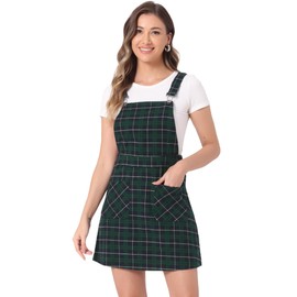 Allegra K Women's Plaid Overall Dress Vintage Checkered Suspender Skirt Short Pinafore Dress Medium Blue-Green