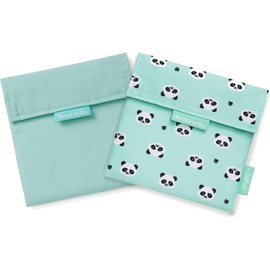 Roll'eat ® Pack of 2 snack bags, sandwich bags with reusable packaging, ecological food container without BPA, fabric bag, mint & panda colour