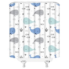 VPUPCN Cartoon Whale Shower Curtain Cute Ocean Animal Blue Gray Abstract Fish Nautical Theme Funny for Kids Girls Boys Polyester Curtains Bathroom Decor with Hooks 70" Wx70 H
