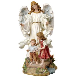 Joseph's Studio by Roman - Guardian Angel with Children on Bridge Figure, Renaissance Collection, 10" H, Resin and Stone, Religious Gift, Decoration
