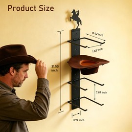 ZORISE Cowboy Hat Rack Wall Mount - Minimalist Metal Hat Holder for 4 Hats, Western Style Display Stand, Horseback Cowboy Silhouette, Rustic Organizer for Fedora & Sun Hat, Western Decor Gift