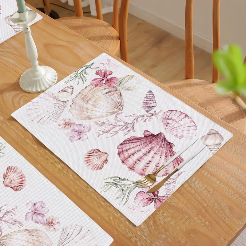 Ocean Shells Placemats Set of 4, Pink Starfish Coral Place