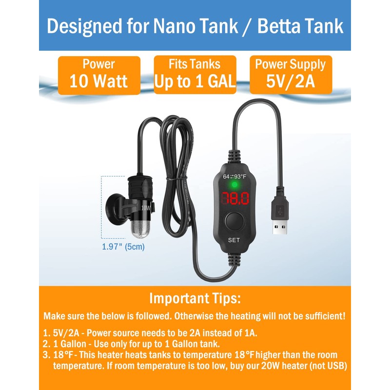 AquaMiracle Adjustable 10W Betta Heater Small Aquarium Heater Submersible Fish