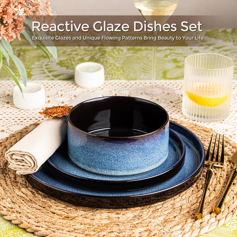 LERATIO Ceramic Dinnerware Sets for 4,Round Reactive Glaze Ceramic Plates